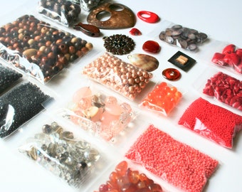 19 Jewelry making supply bundle, bead lot, mixed supply lot, orange, brown, red, stone, glass, shell, findings, wood, plastic, metal, boho
