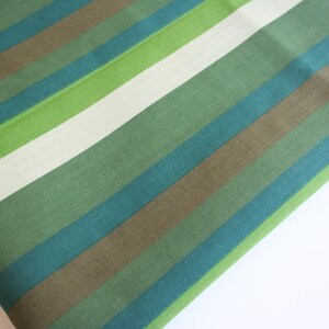 Vintage retro cotton fabric remnant. Striped material, Navy Exchange, Yokohama, teal, green, lime green, pale green, brown, 1960s, 2 yards