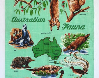 Linen souvenir towel from Australia. Tea towel, kitchen towel, Australian wildlife, koala, platypus, kangaroo, emu, echidna, sea foam
