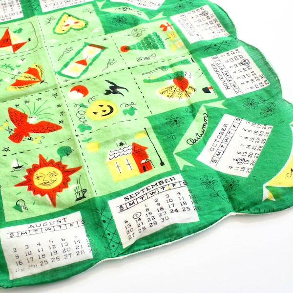 Vintage 1959 Calendar Handkerchief, Whimsical Seasons Holiday Print