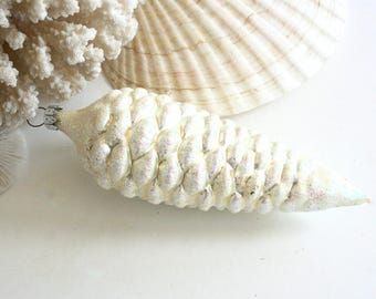 Vintage glass pinecone Christmas ornament. Handblown glass, iridescent glitter, white, silver tone, large ornament, made in Germany