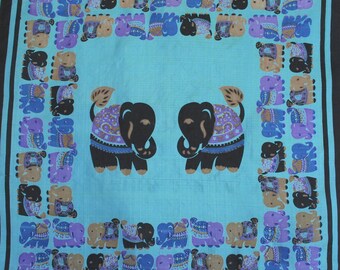Vintage Thai Silk Neckerchief, Elephant Motif Pocket Square