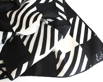 Mod checker silk scarf by Echo. Retro scarf, graphic, linear, black and white, oblong, all silk, hand rolled, 1960s or 70s, unisex gift
