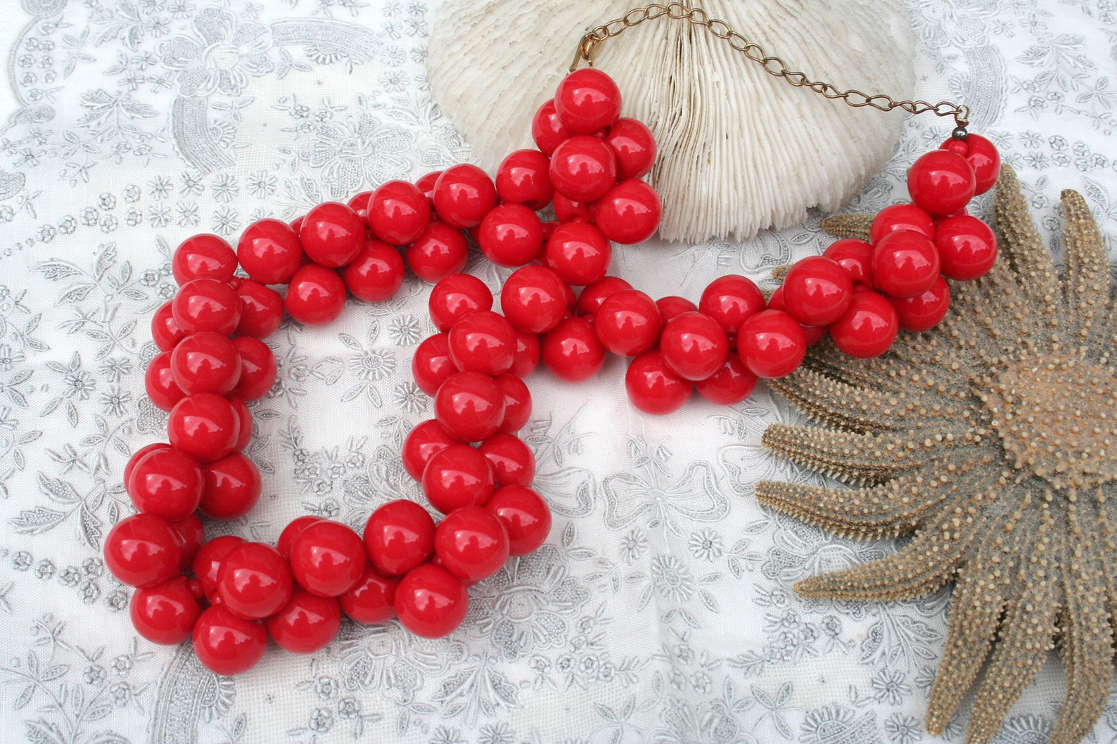Vintage red bead necklace. Clustered bead necklace round bead Etsy