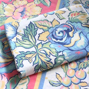 Pair of vintage king size pillowcases. Retro floral pillowcases, Cannon, roses, peonies, pink, blue, yellow, green, bold border, large print