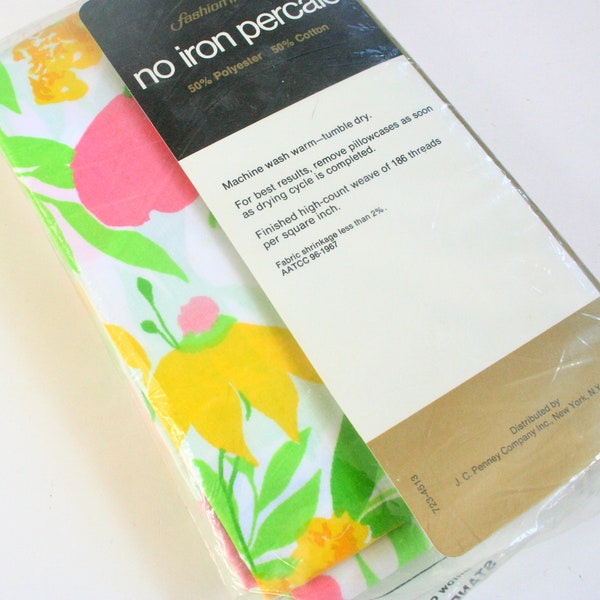 NOS standard pillowcases. Retro bedding, floral pillowcases, Fashion Manor by JCPenney, pink, yellow, green, orange, percale, cotton poly