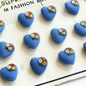 Vintage carded glass buttons. NOS mid century buttons, heart buttons, floral buttons, juvenile, periwinkle, blue, yellow, red, hand stitched