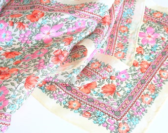 Oblong floral silk scarf. Understated scarf, ornate, fine pattern, forget me nots, primrose, spring,  pink, white, green, aqua, pale blue
