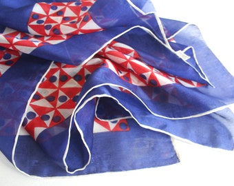 1950s blue, red and white silk scarf. Vintage, geometric, triangles, polka dots, unisex, pure silk, made in Japan, rockabilly, mid century