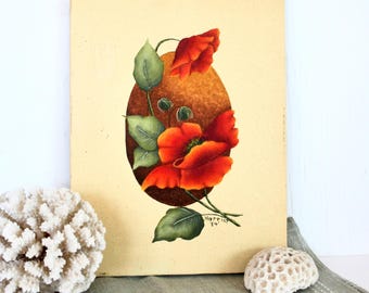 Vintage Orange Poppy Painting, Signed Floral Art, 1980s