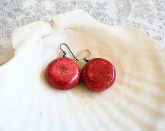 Chunky coral bead dangle earrings. Discs, sterling silver ear wire, bohemian, boho, minimal, heavy, red, apple coral, handmade, polished