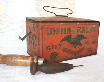 Vintage Union Leader Tobacco Tin, Rustic Industrial Decor
