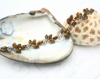 Cast sterling silver and amber bracelet. Floral, foliage bracelet, biomorphic, link bracelet, artisan bracelet, lightweight, honey color, 8"