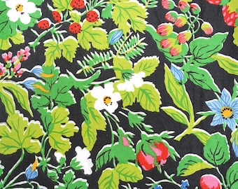Stunning Brunschwig & Fils cotton fabric yardage. Fraises Des Bois, floral, strawberry, European style, green chartreuse, black, decorator