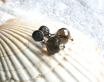 Sterling silver, faceted smokey quartz and citrine earrings. Silpada, textured,  modern, stud dangle, 925, marked