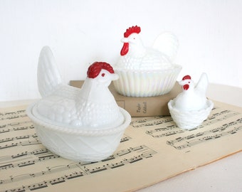 Milk glass hen in a nest dishes. Butter dish, rooster dish, covered dish, country kitchen decor, kitsch, red and white, cottage style