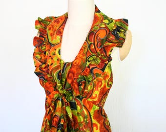 Vintage Floral Halter Maxi Dress, Retro Swirl Print, Size S