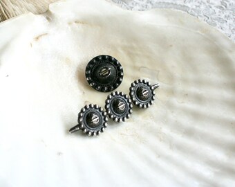 Two vintage oxidized silver ethnic brooches. Scandinavian, viking style, rustic pins, hand made, textured, C clasp, chased, domed, unisex