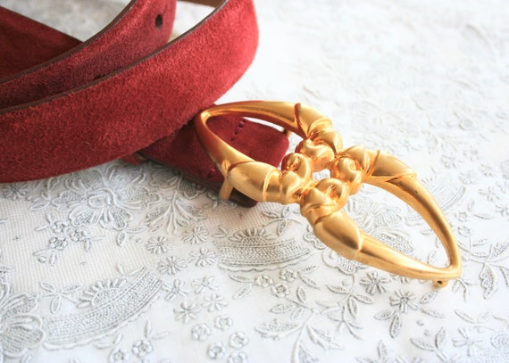 Vintage red suede skinny belt. Fancy gold tone buckle, Hamilton Hodge, De Vecchi, genuine leather, made in Italy, Medium, fall, hilidays