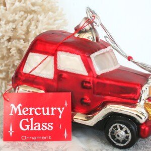 Vintage Department 56 red car Christmas ornament. Mercury glass ornament, large red glass ornament, hand blown, oversized, glitter, white