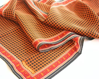 1990s all silk scarf by Elaine Gold. Oblong, Italian inspired, scrolls, orange, black, red