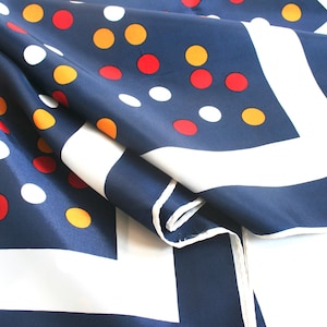 Op Art polka dot scarf, retro scarf, square scarf, large scarf, navy blue, red, yellow orange and white scarf, color block scarf, 1970s