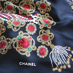 Vintage Chanel Bijoux silk scarf. Large designer scarf, jewels, pearls, opulent, black, golden yellow, kelly green, red, hand rolled, 1980s