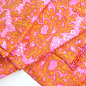 Vera Neumann hand printed scarf. Double sided retro silk scarf, painterly, flora, ferns, succulents, hot pink, orange, yellow, rare scarf