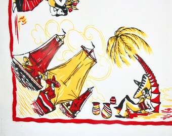 Small mid century cotton tablecloth, figural Mexican village life scenes