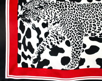 Cat lovers scarf. Vintage silk scarf, big cats, leopard, cheetah, exotic animal print, black, white, red