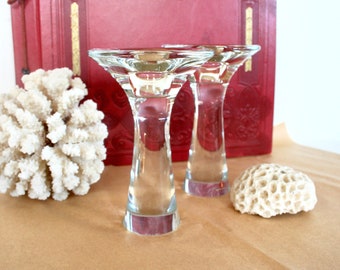 Pair of mushroom style candle holders by Iittala. Tapio Wirkkala, Finland, Scandinavian, mid century, modern, elegant, cast glass, hand made