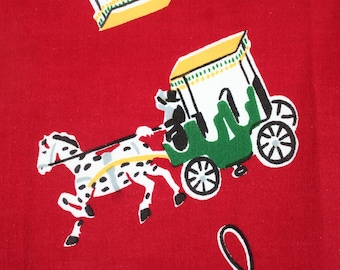 Mis century tea towel, equestrian, horse and buggy, red, green, gray, yellow