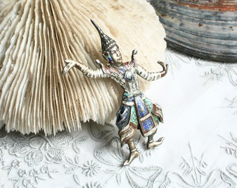 Vintage Siam ethnic dancer brooch. Sterling silver, enamel, figural, ornate, unisex, hand made, aqua, white, blue, enamel inlay, bohemian