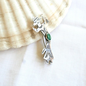Southwest Native American kachina doll brooch, Zuni, turquoise, sterling silver, green