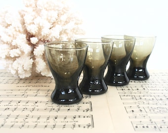 Mid century modern liquor shot glasses. Hand blown smoky gray brown, set of four small glasses, MCM, holidays, housewarming, gift for him