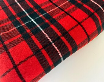 Yardage of vintage plaid or tartan wool fabric. Fine, lightweight, quality, red, black, traditional
