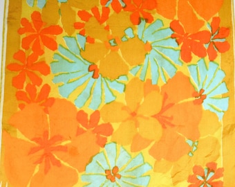 Retro Vera Neumann floral scarf, abstract, silk blend, sea foam, yellow, orange, daisies
