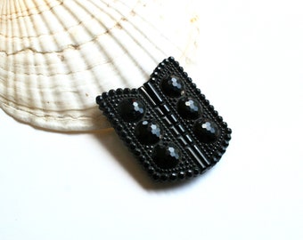 Vintage Art Deco style belt buckle. Black, faceted bead surface, hook closure, sparkly, statement