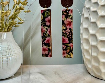 Long wooden earrings with fun floral prints