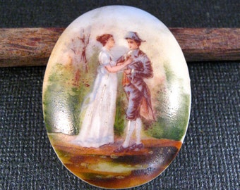 Vintage Hand Painted French Porcelaine Cabochon/Cameo of Maiden and Soldier in Napoleanic Garb, Ready to Set