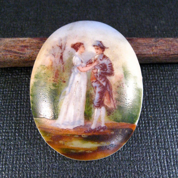 Vintage Hand Painted French Porcelaine Cabochon/Cameo of Maiden and Soldier in Napoleanic Garb, Ready to Set