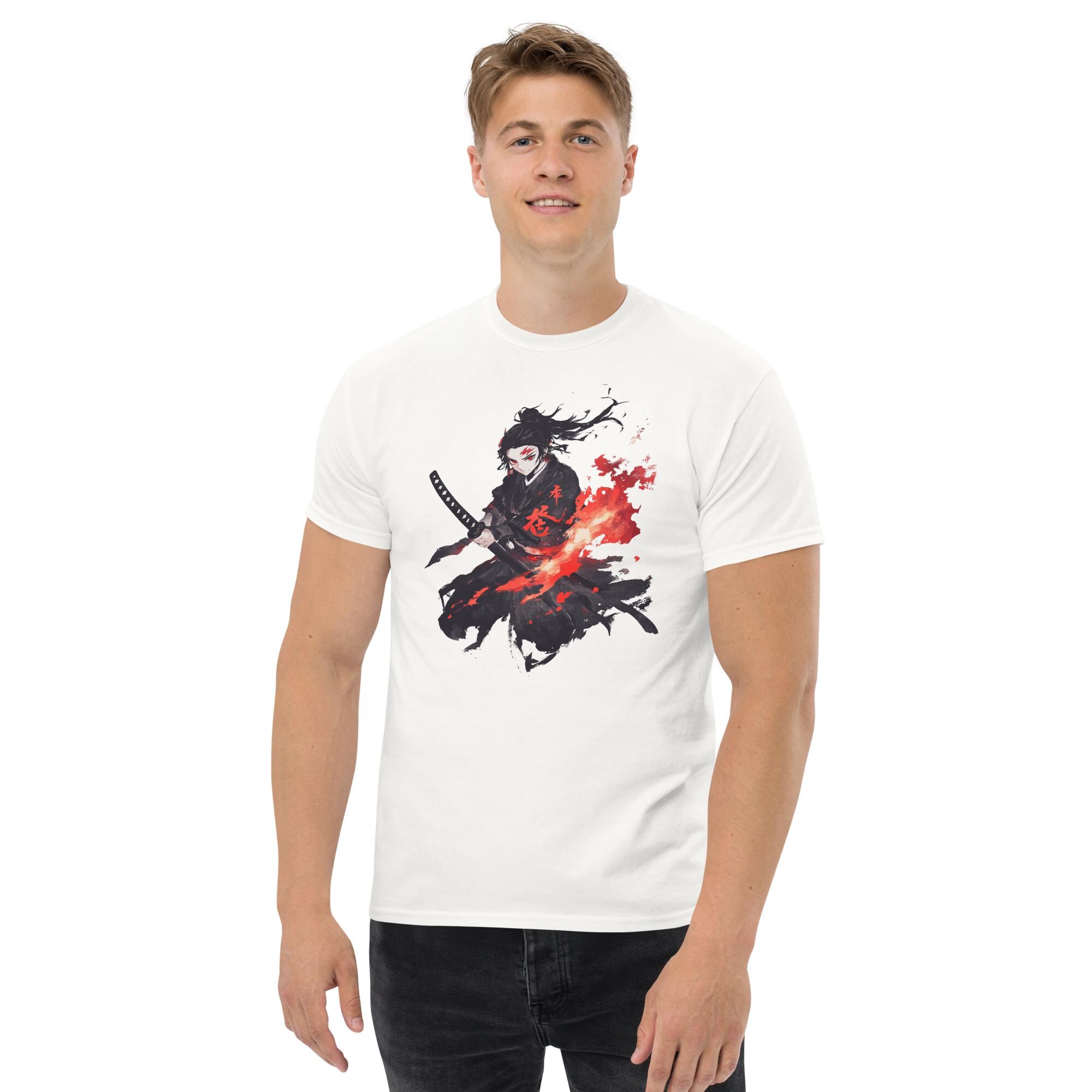 Flame Hashira T-Shirt – White Unisex Anime Shirt Inspired by Demon Slayer, Katana & Fire Graphic, Otaku Streetwear
