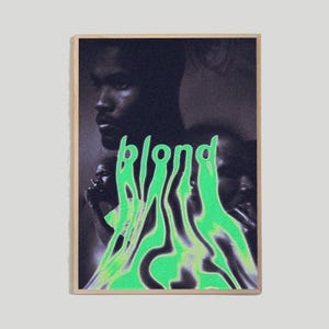 May include: A black and white photo of a person with the word "blond" written in green over the image.