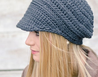 Crochet Hat Pattern - Easy Peasy Button-Up Brimmed Newsboy Cap No.310 Instant Digital Download English