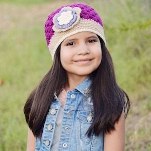Sassy Hat Crochet Pattern for girls in Newborn, Baby, Toddler and Kids sizes featuring an open stitch pattern No.112 Digital DownloadEnglish