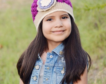 Sassy Hat Crochet Pattern for girls in Newborn, Baby, Toddler and Kids sizes featuring an open stitch pattern No.112 Digital DownloadEnglish