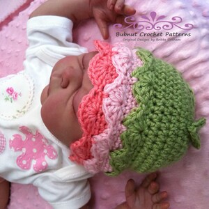 Baby Hat Crochet Pattern No.125 Fifi Flower Bud with Leaves English image 2