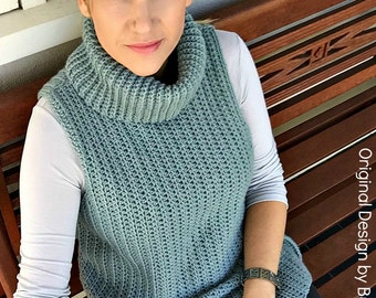 Women's Turtleneck Crochet Sweater Vest - Chunky Knit Sleeveless Tank Top For Fall, Lightweight Pullover