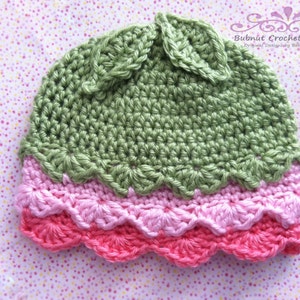 May include: A handmade crochet hat in shades of green, pink, and coral. The hat features a scalloped brim and leaf accents. The hat is designed for babies and young children.