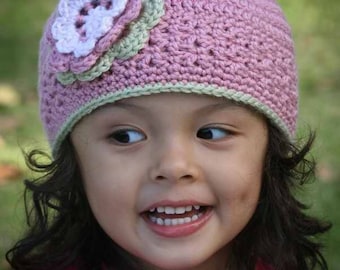 Girls Blossom Beanie Hat Crochet Pattern in Baby Toddler Child Ladies Sizes No.202 uses Double Knitting (DK) yarn English